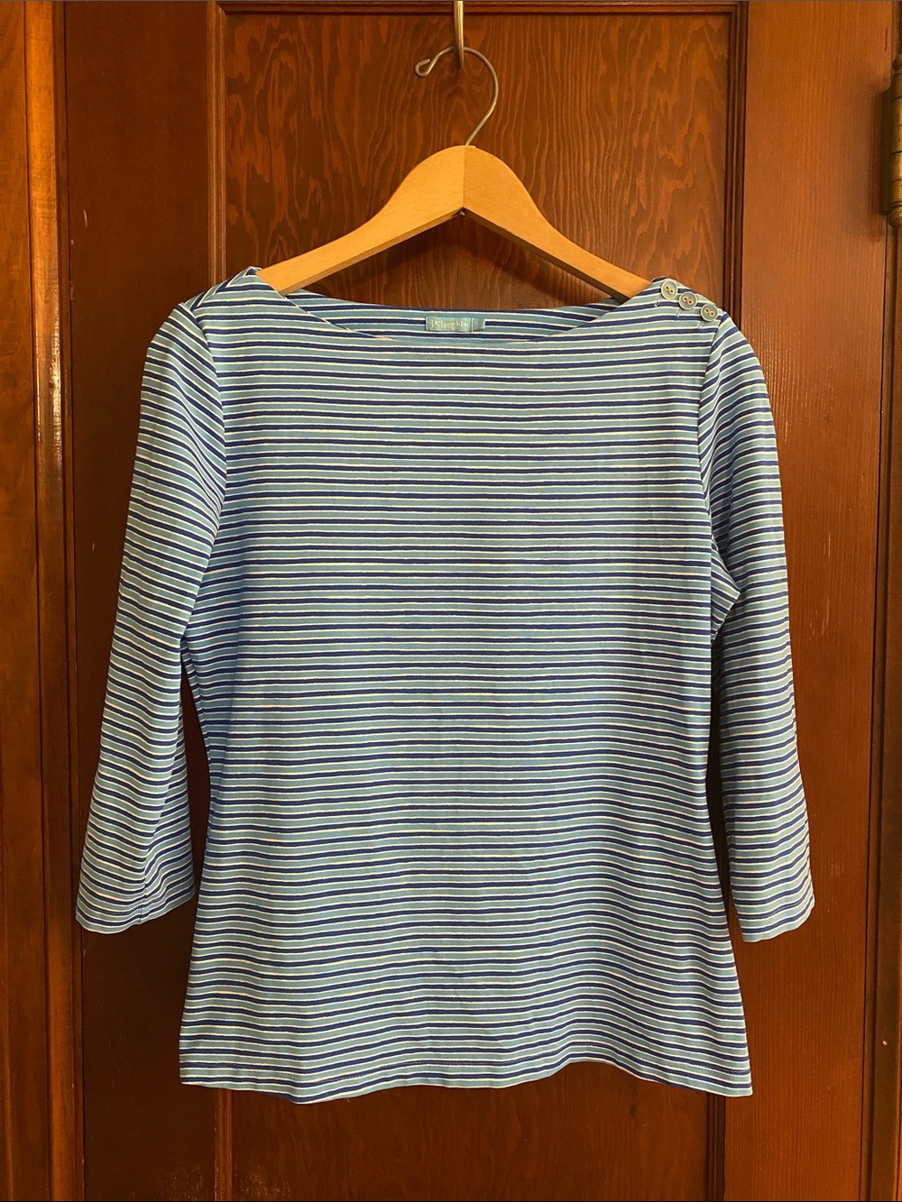 J. McLaughlin Blue and White Striped Boatneck 3/4 sleeve top w/ Shoulder Buttons
